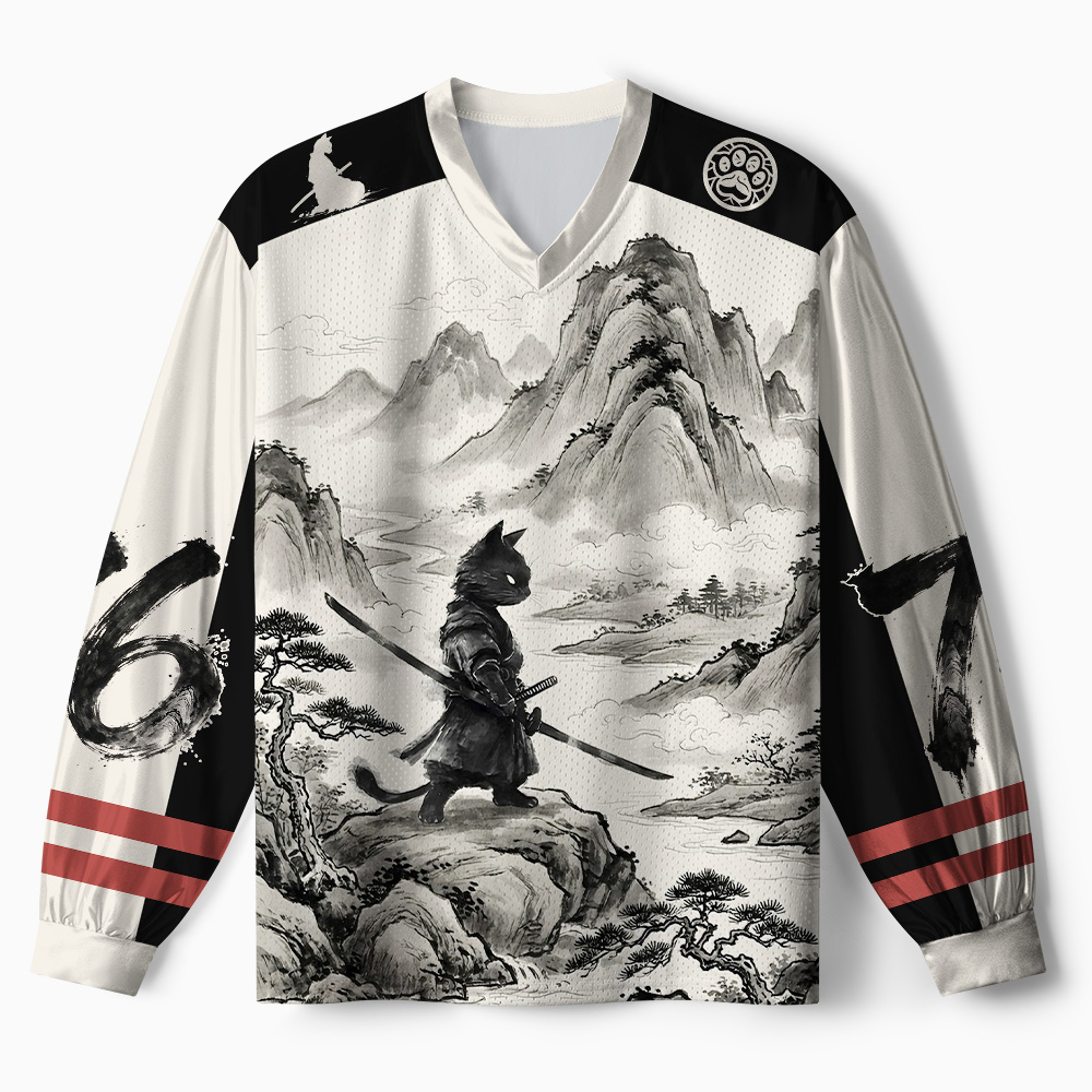 Tokyo-Tiger Samurai Cat Mountains Paneled Long Sleeve Jersey