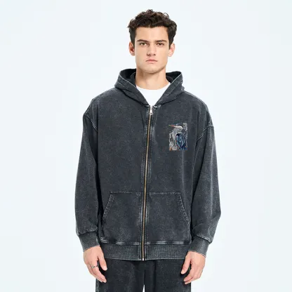 Tokyo-Tiger Stylish Blue Heron Washed Zip Hoodie
