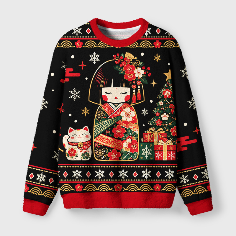 Tokyo-Tiger Japanese Doll Lucky Cat Fuzzy Christmas Ugly Sweatshirt Sale