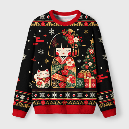 Tokyo-Tiger Japanese Doll Lucky Cat Fuzzy Christmas Ugly Sweatshirt