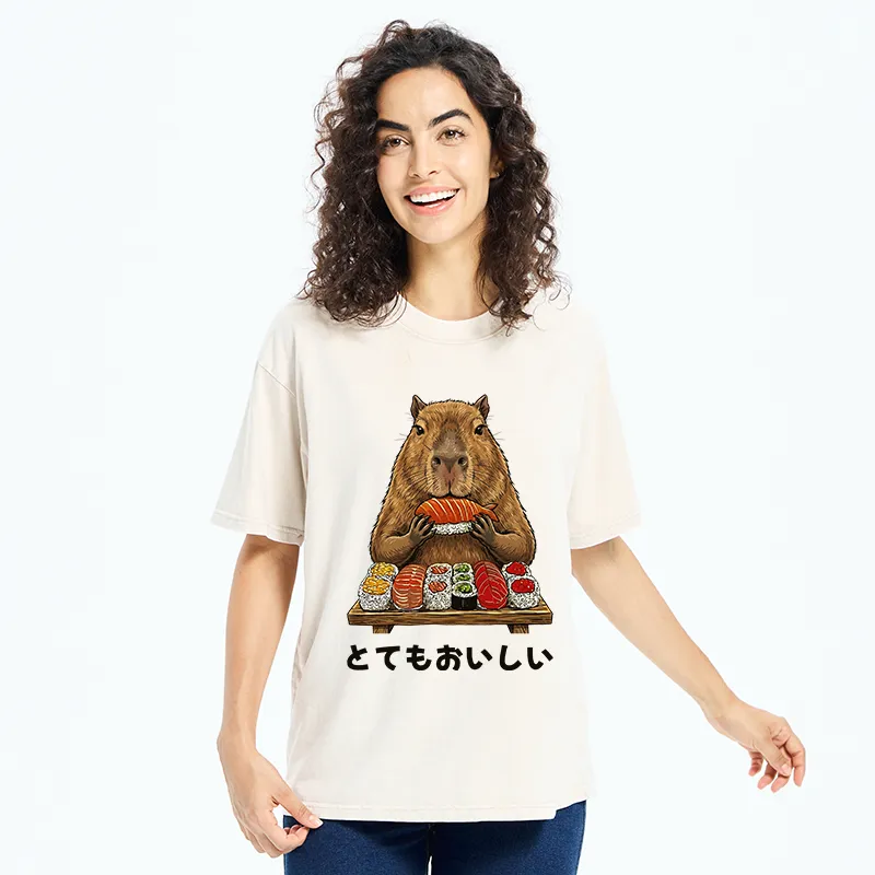 Tokyo-Tiger Capybaras Eat Sushi Washed T-Shirt