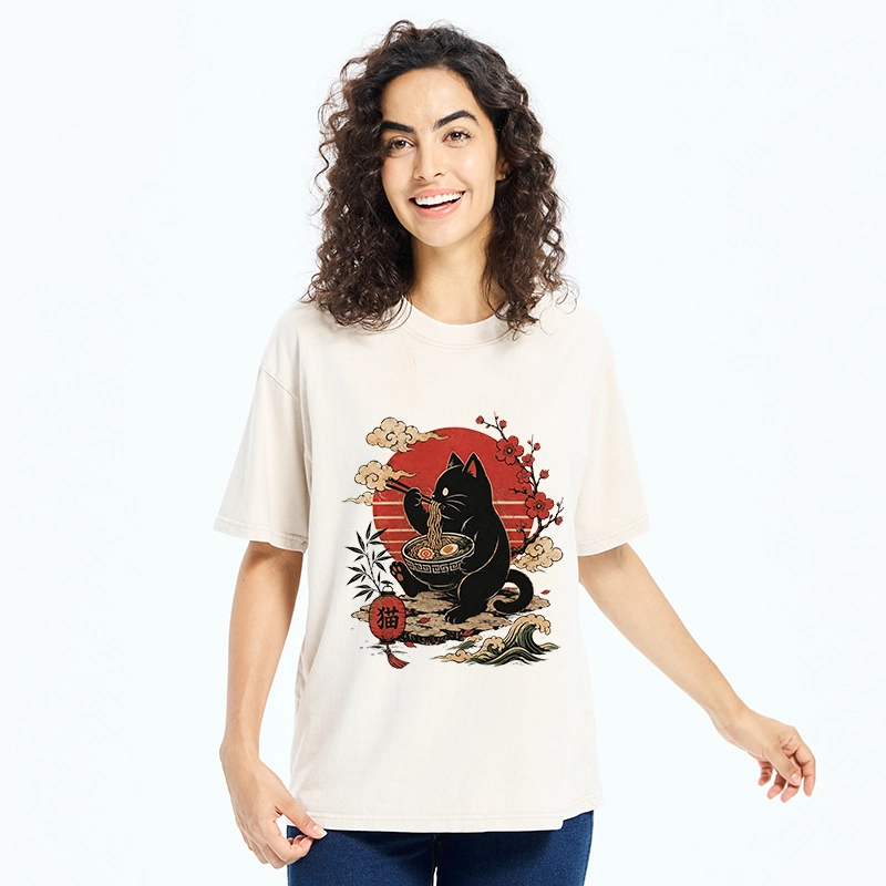 Tokyo-Tiger Black Cat Eating Ramen Cherry Blossom Art Washed T-Shirt