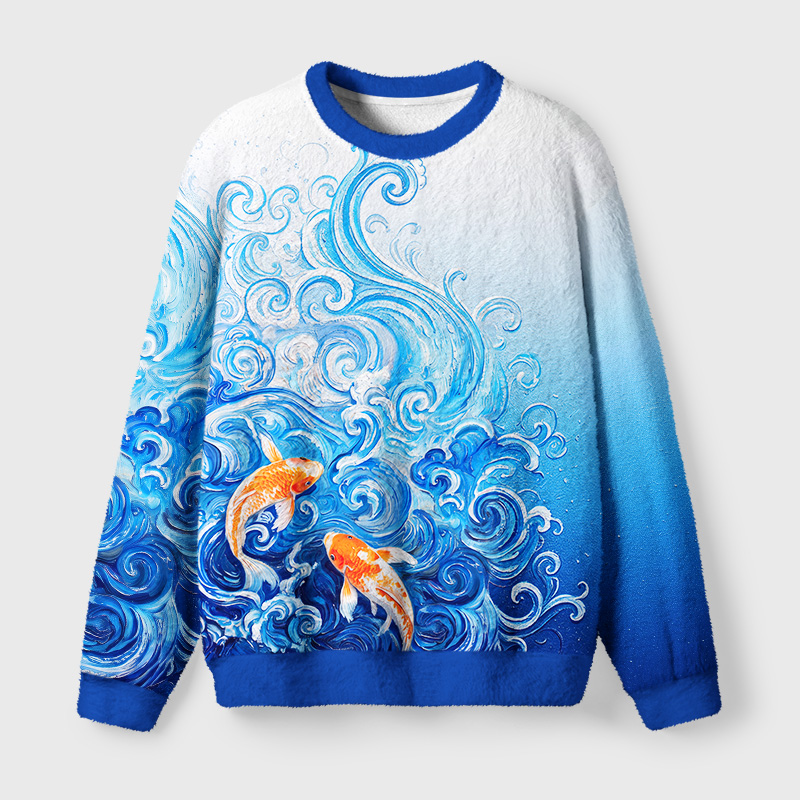 Tokyo-Tiger Van Gogh's Wave Red Koi Fuzzy Christmas Ugly Sweatshirt