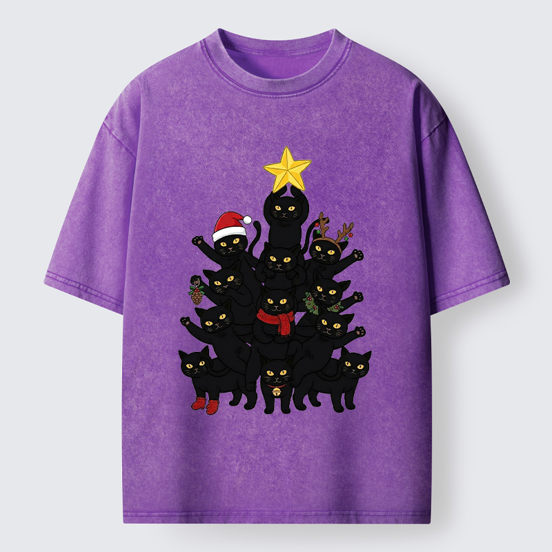 Tokyo-Tiger Stacked Black Cat Christmas Tree Washed T-Shirt