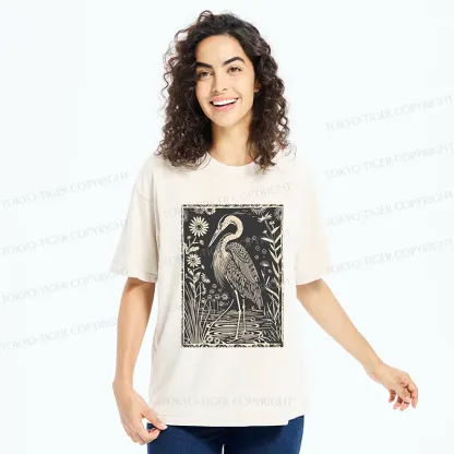 Tokyo-Tiger Woodcut Crane Japan Washed T-Shirt