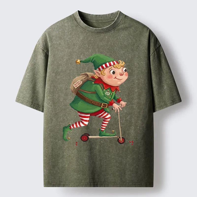 Tokyo-Tiger Christmas Elf Scooter Ride Washed T-Shirt