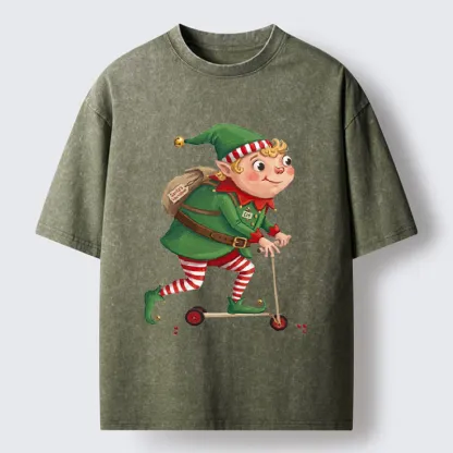 Tokyo-Tiger Christmas Elf Scooter Ride Washed T-Shirt