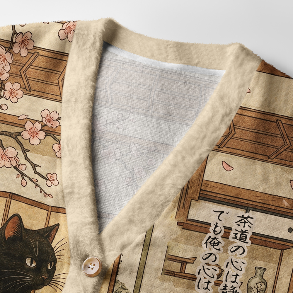 Tokyo-Tiger Tea Time With A Black Cat Ugly Cardigan Sweater