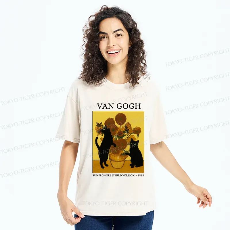 Tokyo-Tiger Sunflower And Cat Washed T-Shirt