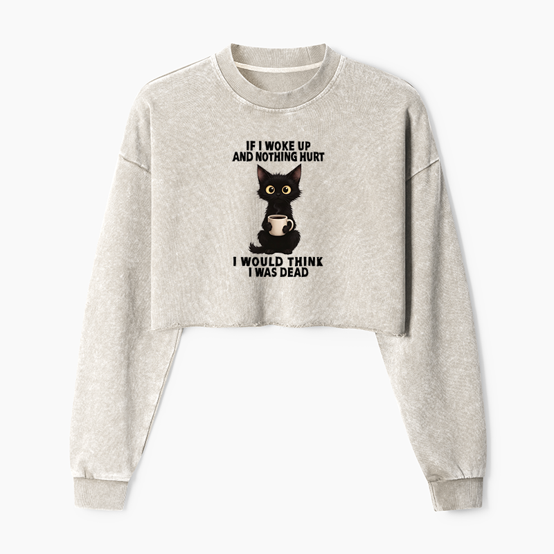 Tokyo-Tiger Funny Cute Black Cat And Coffee Meme Washed Crop Sweatshirt
