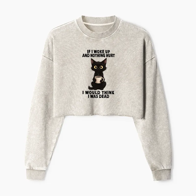 Tokyo-Tiger Funny Cute Black Cat And Coffee Meme Washed Crop Sweatshirt