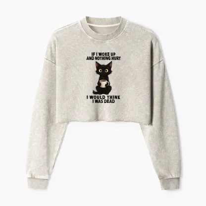 Tokyo-Tiger Funny Cute Black Cat And Coffee Meme Washed Crop Sweatshirt