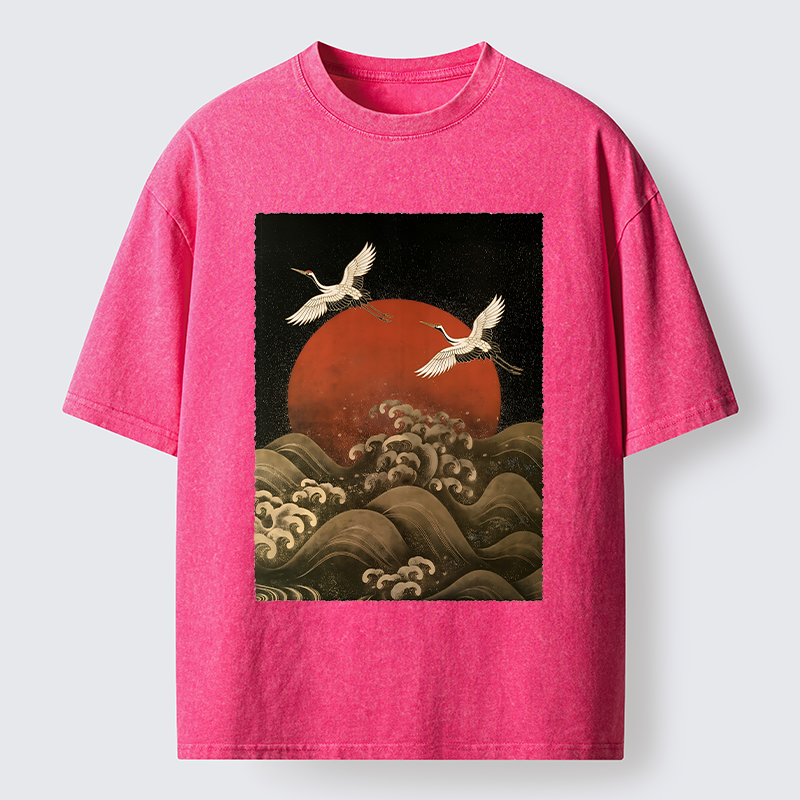 Tokyo-Tiger Japanese Crane Wave Art Washed T-Shirt