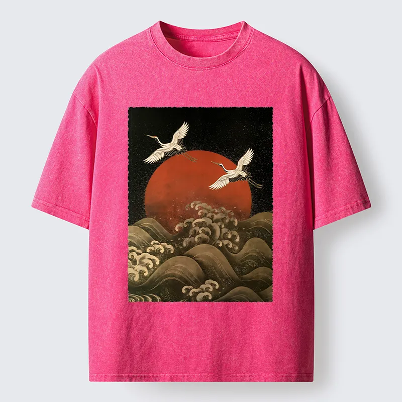 Tokyo-Tiger Japanese Crane Wave Art Washed T-Shirt
