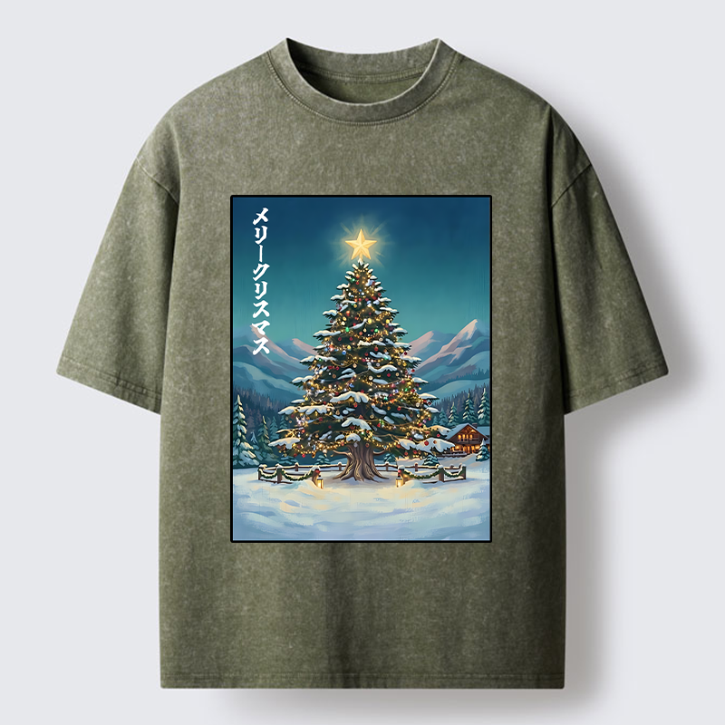 Tokyo-Tiger Snow Mountain Christmas Tree Vibe Washed T-Shirt