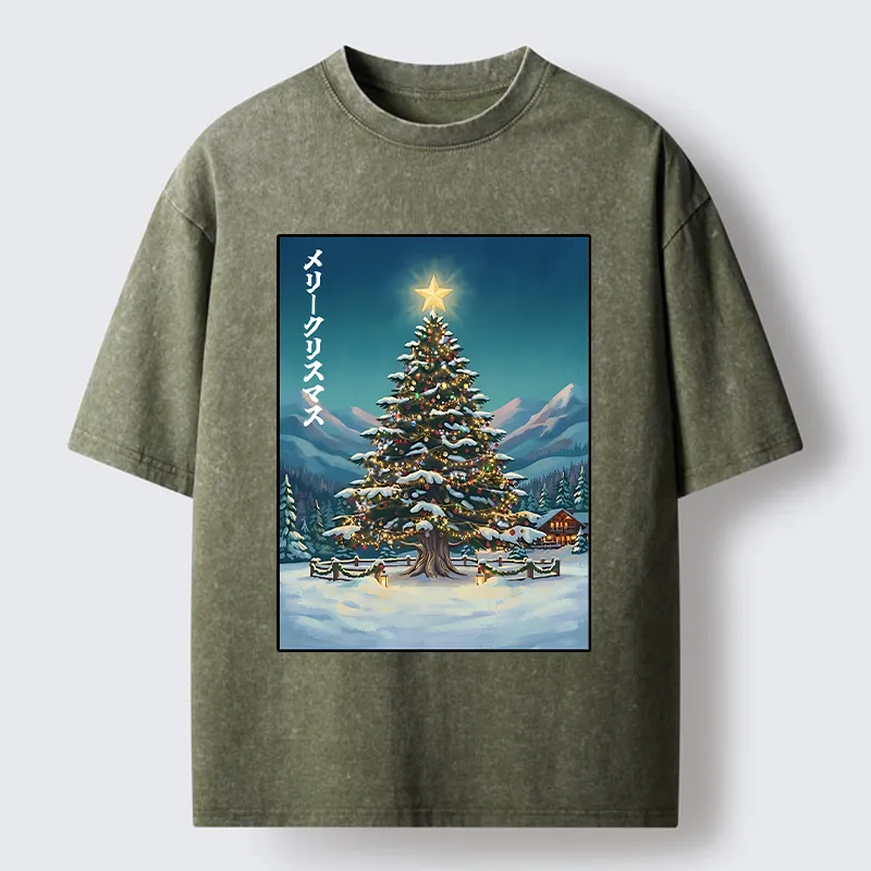 Tokyo-Tiger Snow Mountain Christmas Tree Vibe Washed T-Shirt