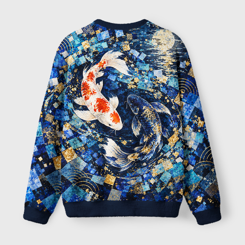 Tokyo-Tiger Blue Gold Koi Fish Fuzzy Christmas Ugly Sweatshirt