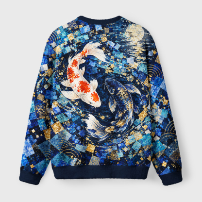 Tokyo-Tiger Blue Gold Koi Fish Fuzzy Christmas Ugly Sweatshirt