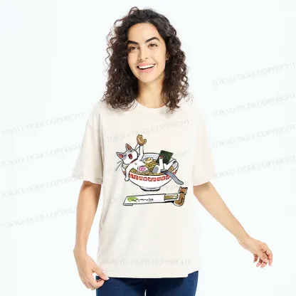 Tokyo-Tiger Cute Cat Ramen Washed T-Shirt