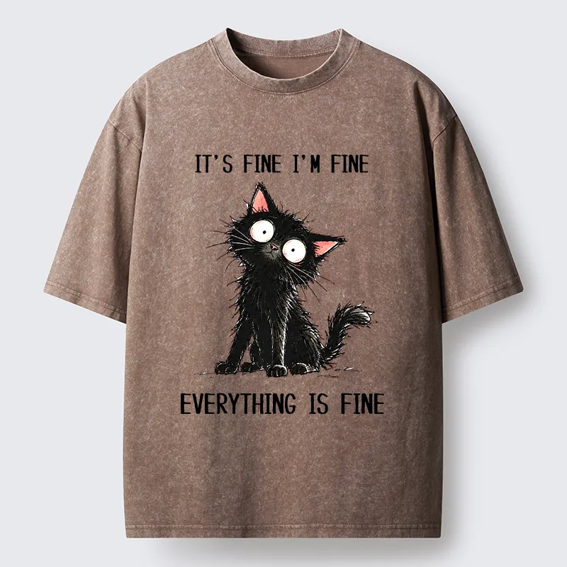 Tokyo-Tiger It's Fine Black Cat Meme Washed T-Shirt