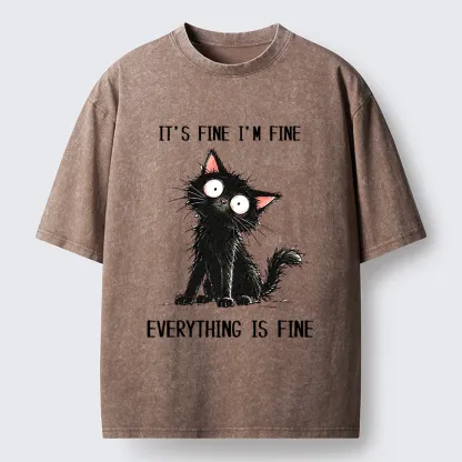Tokyo-Tiger It's Fine Black Cat Meme Washed T-Shirt