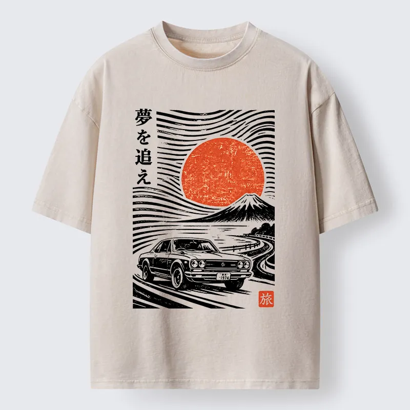 Tokyo‑Tiger Ukiyo Retro Car Art Washed T‑Shirt Sale