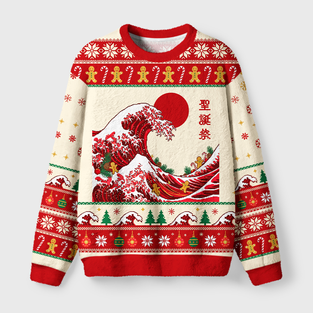 Tokyo-Tiger Gingerbread Surf Christmas Wave Fuzzy Christmas Ugly Sweatshirt