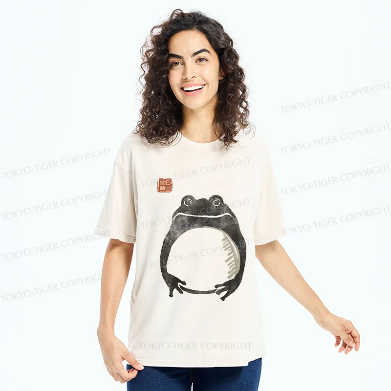 Tokyo-Tiger Retro Frog Ink Painting Washed T-Shirt