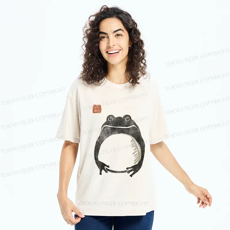 Tokyo-Tiger Retro Frog Ink Painting Washed T-Shirt