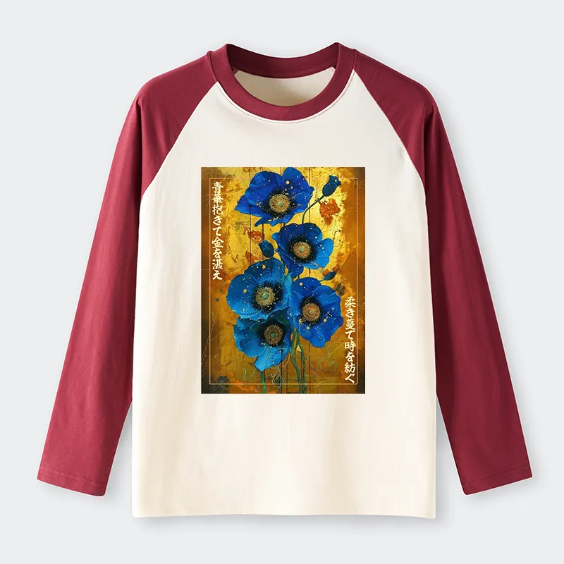 Tokyo-Tiger Shiny Blue Flower Warm Golden Background Raglan Long Sleeve T-shirt