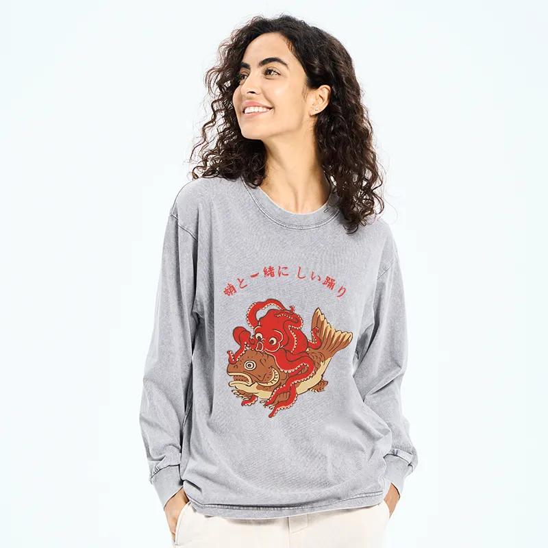 Tokyo-Tiger Octopus And Koi Dance Together Washed Long Sleeve T-Shirt