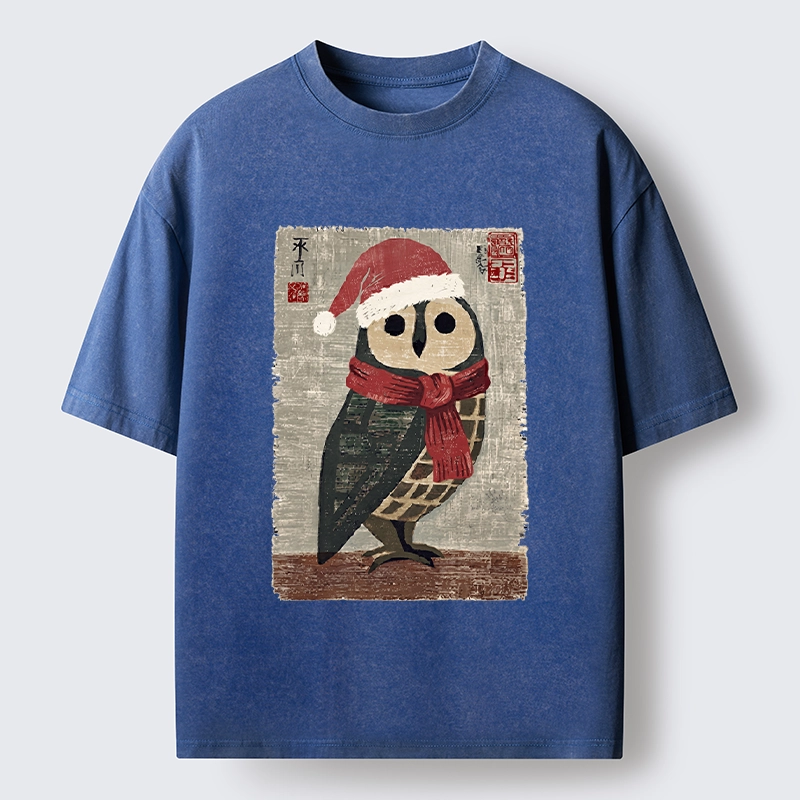 Tokyo-Tiger Christmas Owl Santa Hat Washed T-Shirt