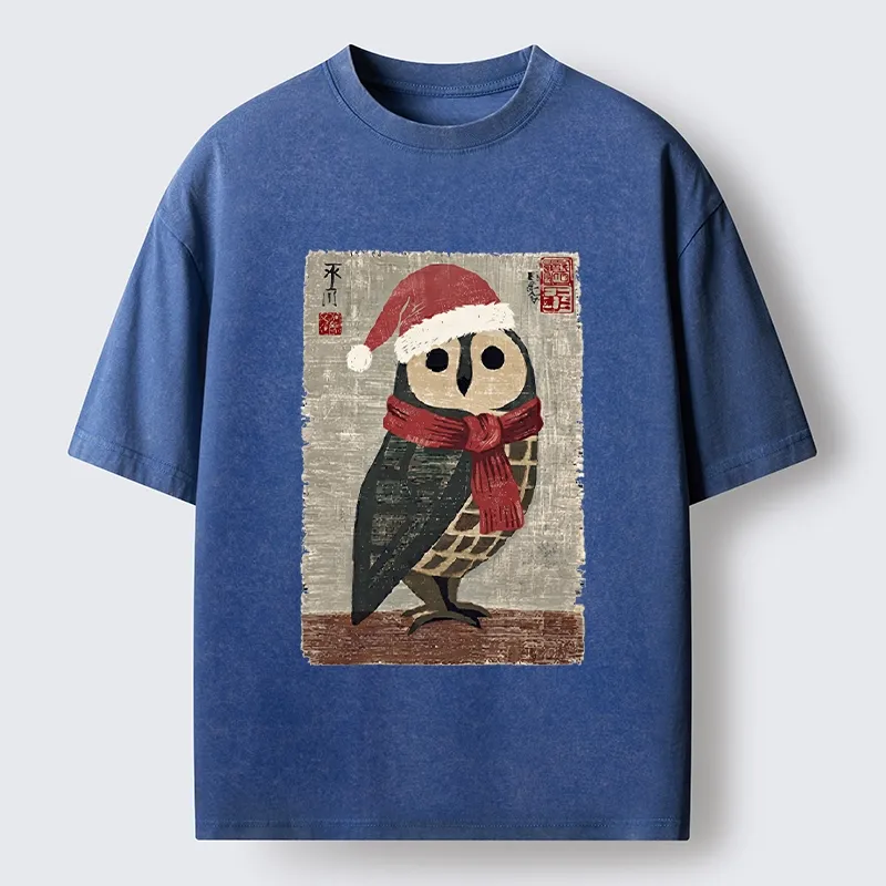 Tokyo-Tiger Christmas Owl Santa Hat Washed T-Shirt