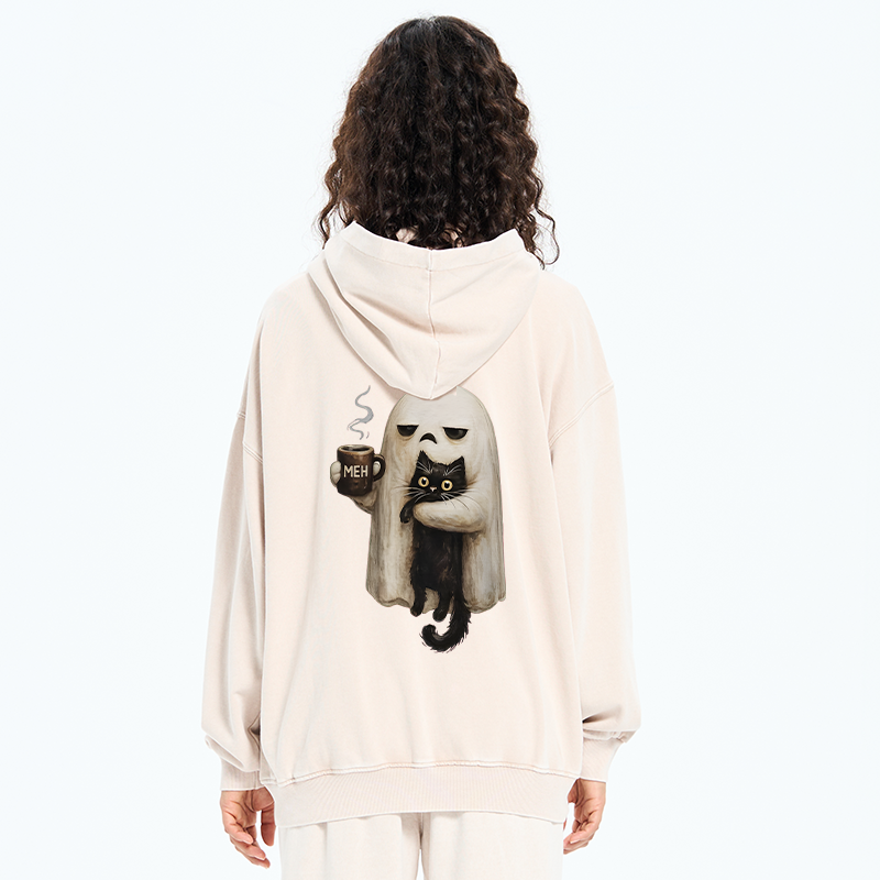 Tokyo-Tiger Ghost Cat Coffee Mood Washed Zip Hoodie