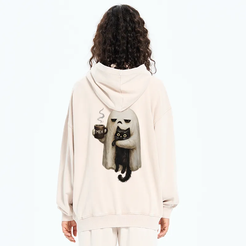 Tokyo-Tiger Ghost Cat Coffee Mood Washed Zip Hoodie