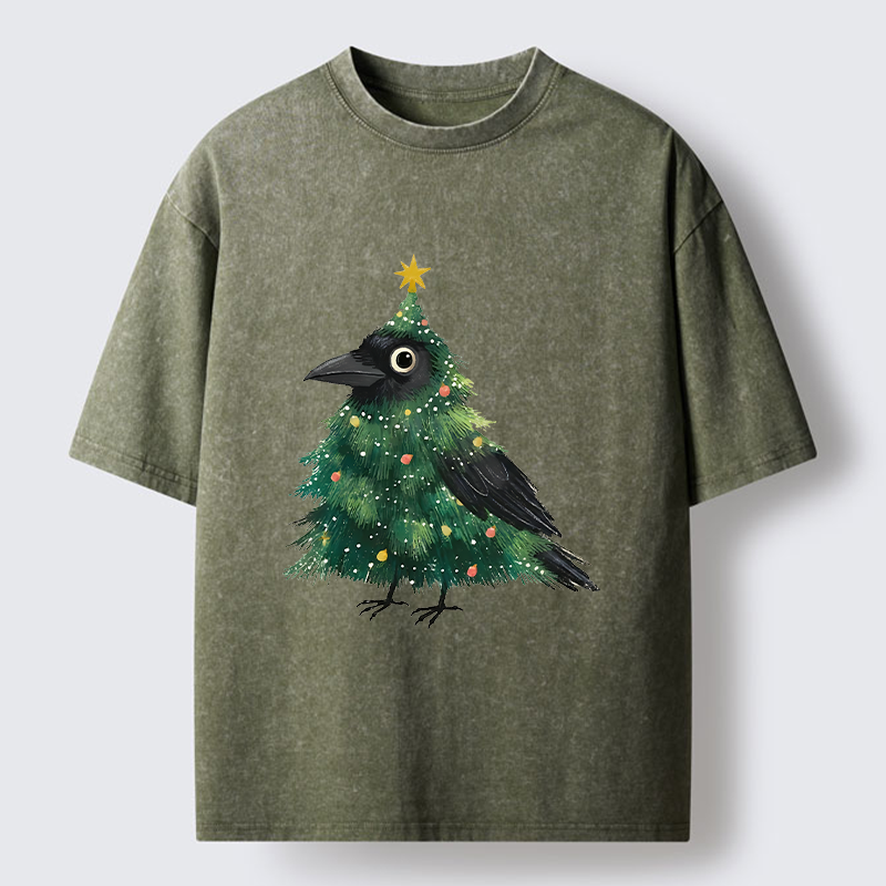 Tokyo-Tiger Cute Christmas Tree Crow Washed T-Shirt