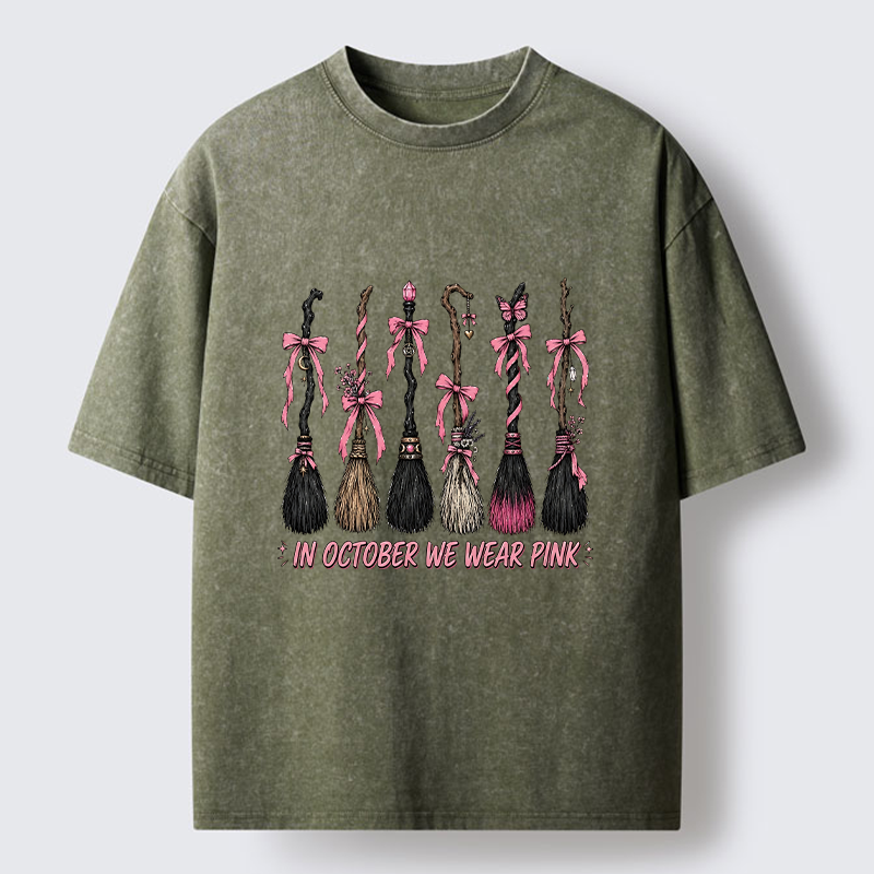 Tokyo-Tiger Witch Broom Breast Cancer Awareness Washed T-Shirt