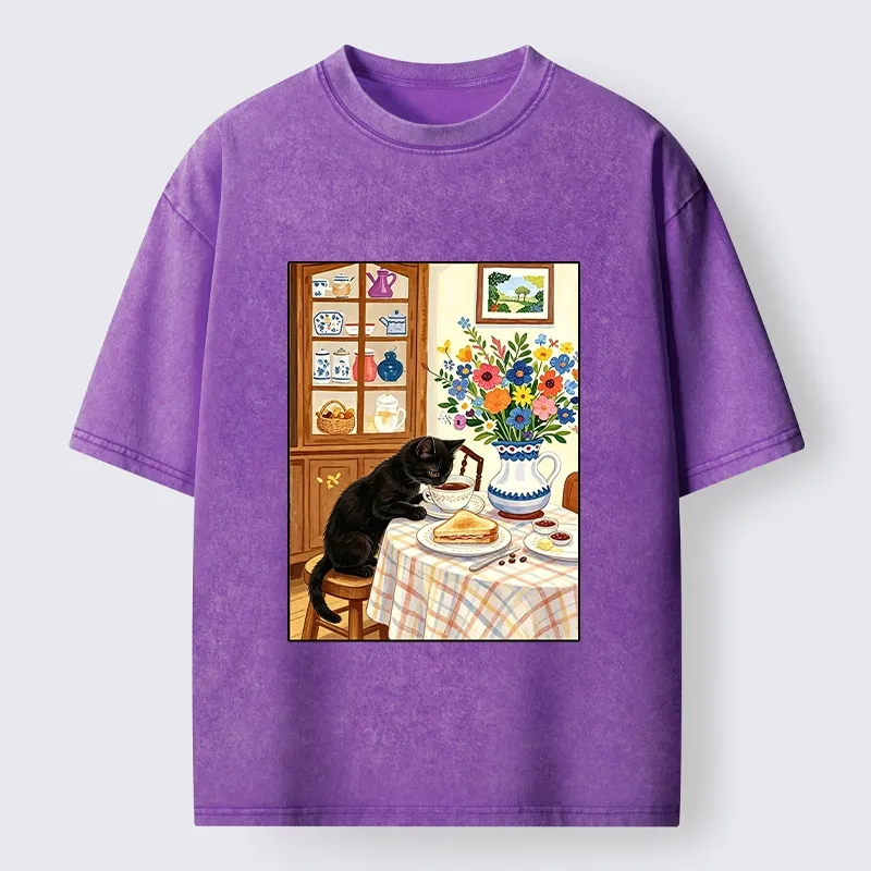 Tokyo‑Tiger Cute Snack Time Cat Washed T‑Shirt