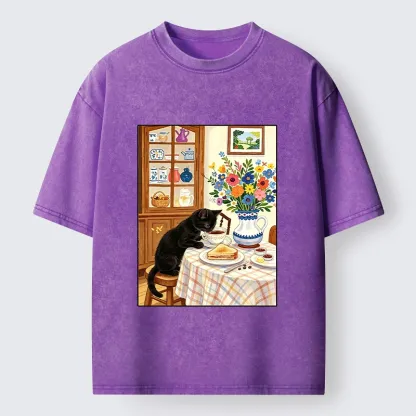 Tokyo‑Tiger Cute Snack Time Cat Washed T‑Shirt