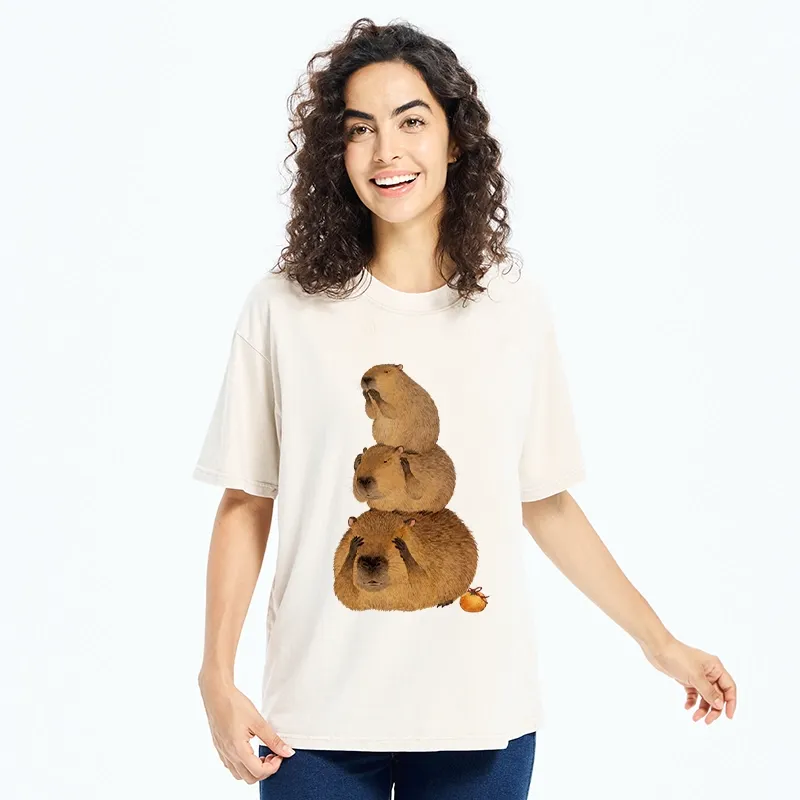 Tokyo-Tiger Capybara Hear No Evil Meme Washed T-Shirt