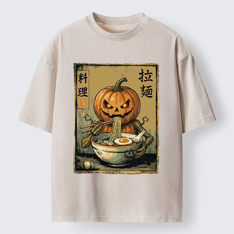 Tokyo‑Tiger Pumpkin Eating Ramen Washed T‑Shirt