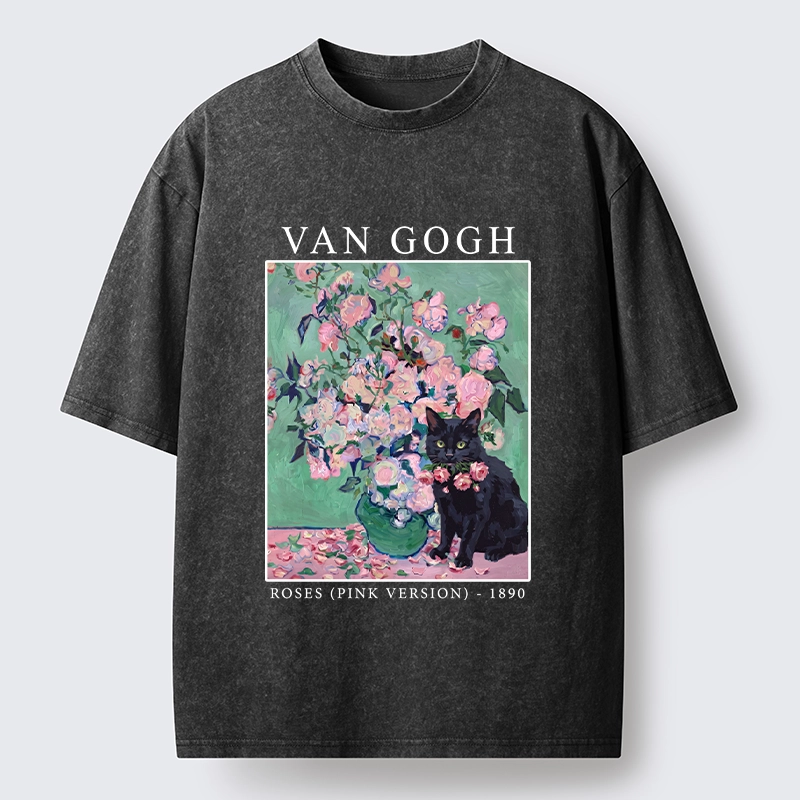 Tokyo‑Tiger Art Cat With Roses Washed T‑Shirt