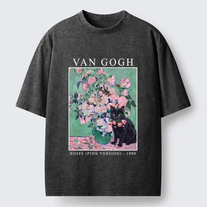 Tokyo‑Tiger Art Cat With Roses Washed T‑Shirt