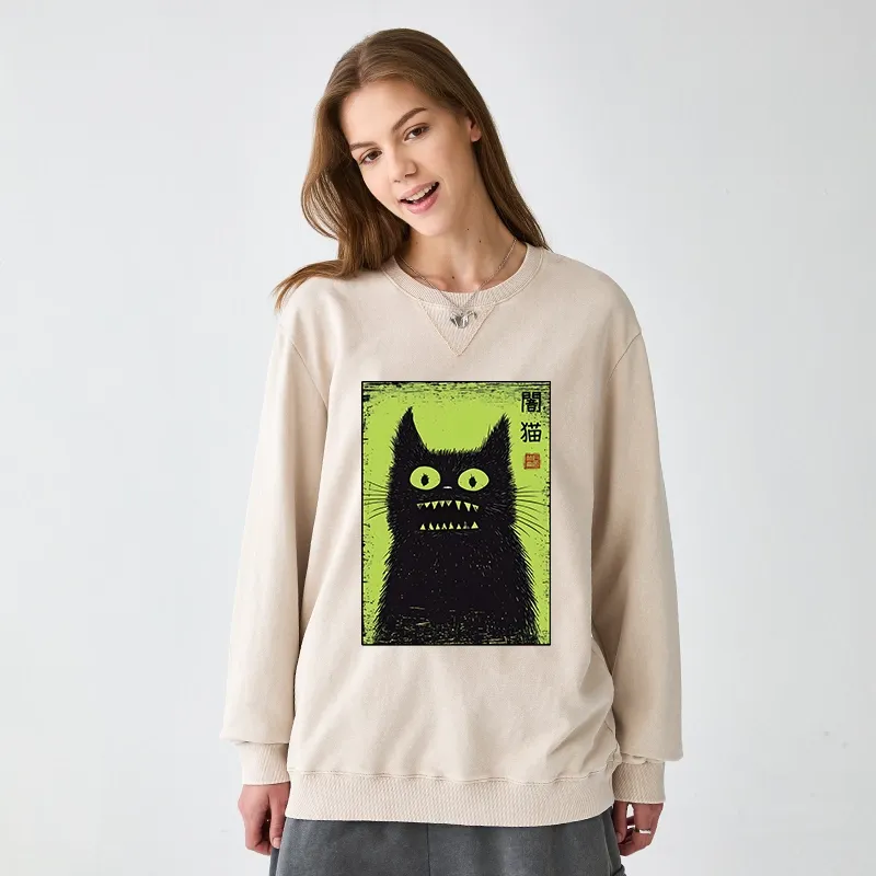 Tokyo-Tiger Spooky Black Cat Japanese Washed Terry Sweatshirt