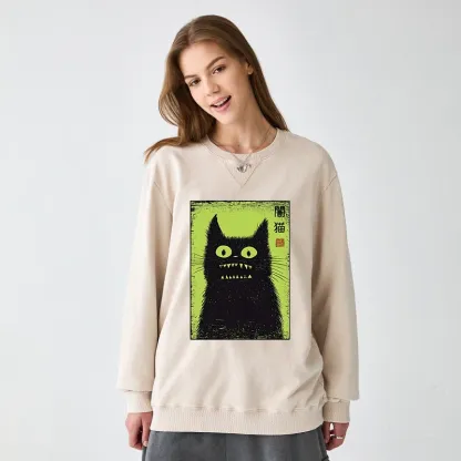 Tokyo-Tiger Spooky Black Cat Japanese Washed Terry Sweatshirt