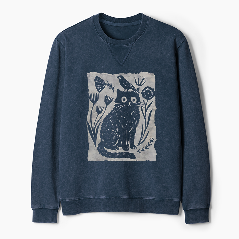 Tokyo-Tiger Folk Paper Cut Cat Bird Floral Art Washed Terry Sweatshirt