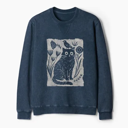 Tokyo-Tiger Folk Paper Cut Cat Bird Floral Art Washed Terry Sweatshirt