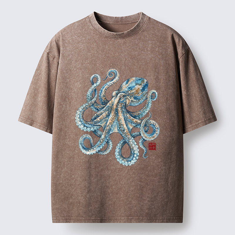 Tokyo-Tiger Ocean Octopus Art Washed T-Shirt