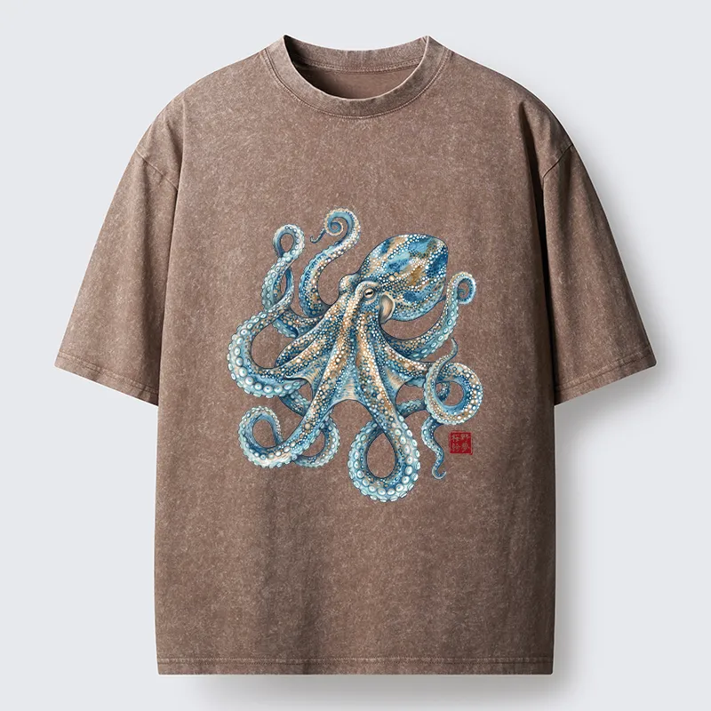 Tokyo-Tiger Ocean Octopus Art Washed T-Shirt
