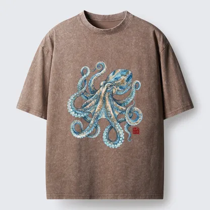 Tokyo-Tiger Ocean Octopus Art Washed T-Shirt